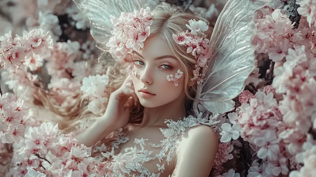 A young woman with delicate features and blonde hair lies in a bed of soft pink blossoms. Her eyes are a light blue, and she is wearing a white dress with lace accents. Behind her, she has a pair of translucent wings, giving the impression of a fairy. The image is soft and ethereal, with a dreamy feel. The colors are muted and pastel, with a focus on pinks and whites. The overall effect is one of beauty and innocence.