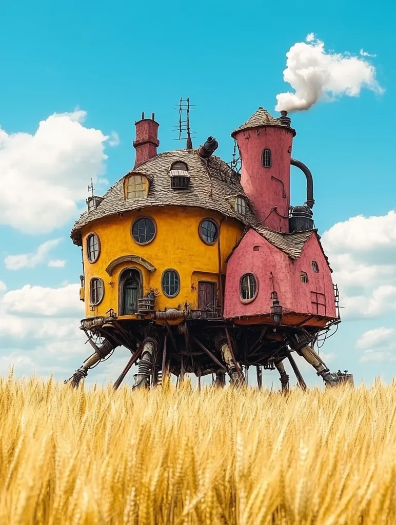A whimsical, multi-colored house stands on stilt-like legs in a field of golden wheat. The house is a mix of yellow and pink, with a round, domed roof and several chimneys. Smoke billows from one chimney, creating a whimsical, almost magical atmosphere. The bright blue sky with fluffy white clouds adds to the fairytale quality of the scene.