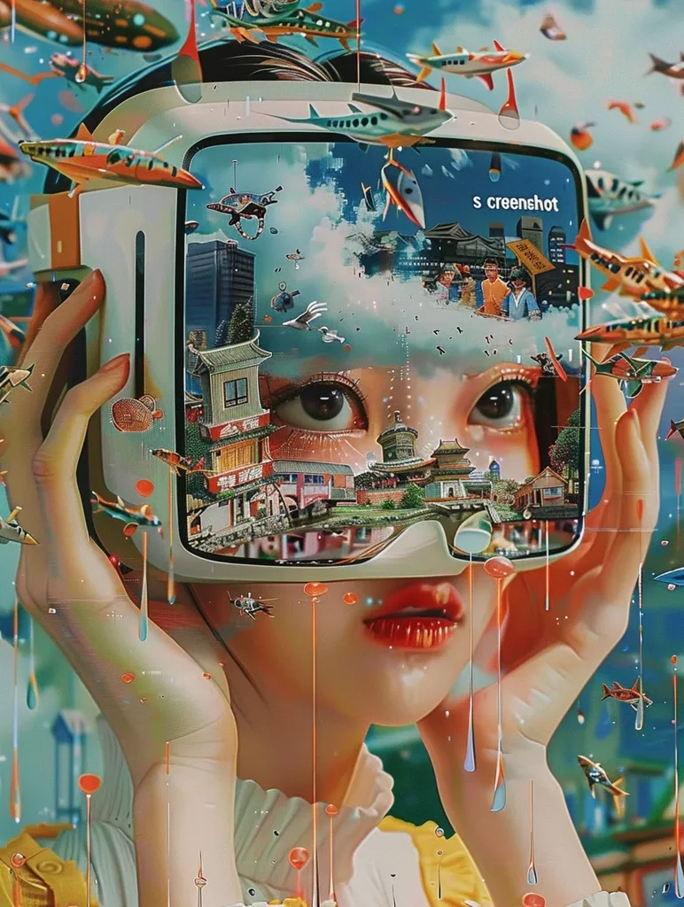 https://s.mj.run/plS9uaPMLmU https://s.mj.run/0wh_e74rwbg https://s.mj.run/061WeDy_r_k The face of an Asian girl is covered with virtual reality glasses, holding her smartphone in front of the screen and looking at it. The phone's interface shows "screenshot" on top left corner, and inside which there are multiple scenes showing people living their lives, houses, clouds, cars, sky scrapers, animals. A surreal painting by Hajime Sorayama. Surrealistic concept photography style. Digital art. High resolution. --stylize 200 --chaos 15 --ar 3:4 --sref https://s.mj.run/Zycs4cPDR4U --v 6.0