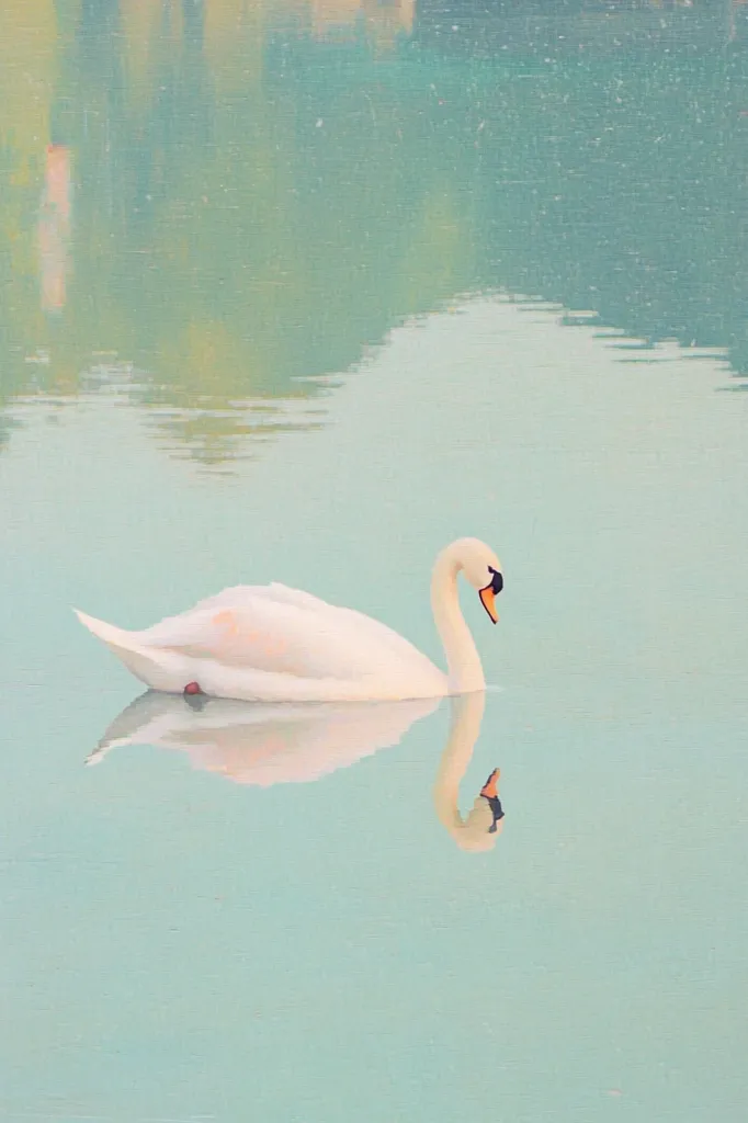 A lone white swan glides gracefully through a tranquil lake, its reflection mirroring its elegant form in the still water. The muted hues of the sky and water create a serene and picturesque scene, emphasizing the swan's presence as a symbol of peace and beauty.  The overall effect is calming and contemplative.