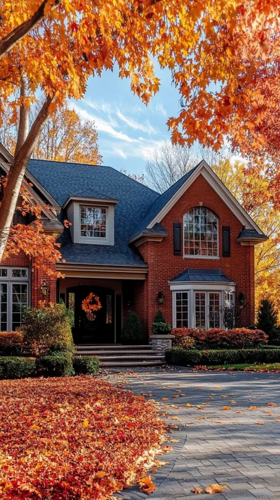 A red brick house with a grey roof stands surrounded by vibrant autumn foliage. The front entrance features a wreath on the door and is flanked by stairs leading to a brick pathway. The house has multiple windows and a bay window, adding to its charming character. The surrounding landscape is blanketed in fallen leaves, creating a picturesque scene of autumn beauty.