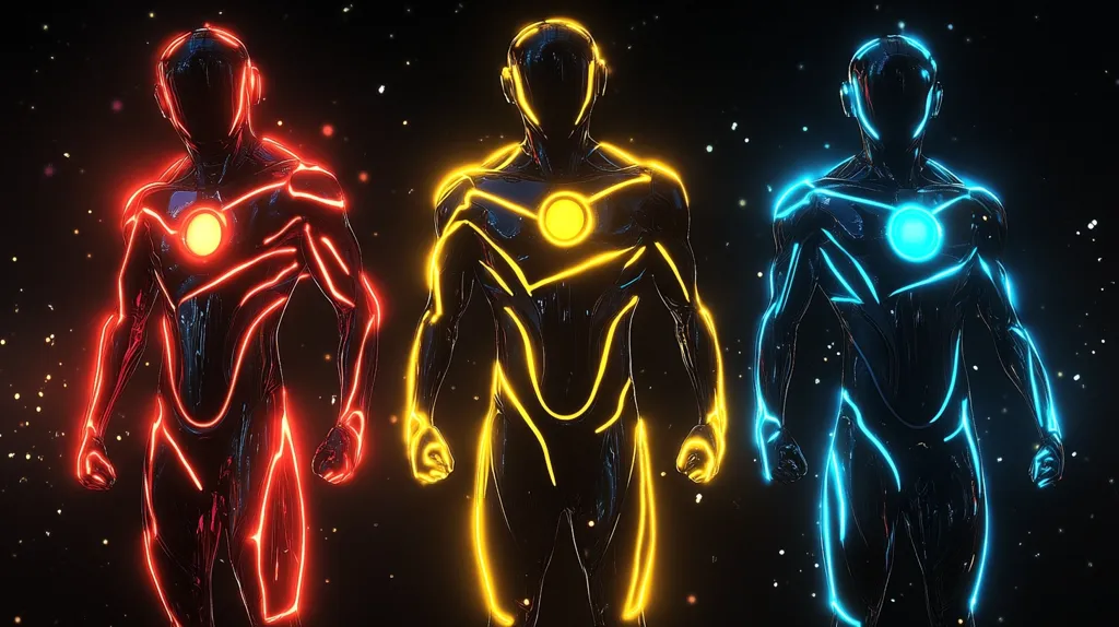 Three humanoid figures stand in a dark, starry background. They are all wearing suits with bright glowing lines. The suits are colored red, yellow, and blue. The figures are facing forward with their arms at their sides. They look like futuristic superheroes.