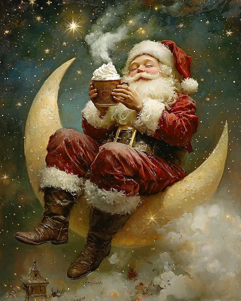 A jolly Santa Claus, dressed in his traditional red suit and white trim, sits on a crescent moon. He holds a steaming cup of hot cocoa, gazing up at the starry night sky. The image captures the magic and wonder of the holiday season.