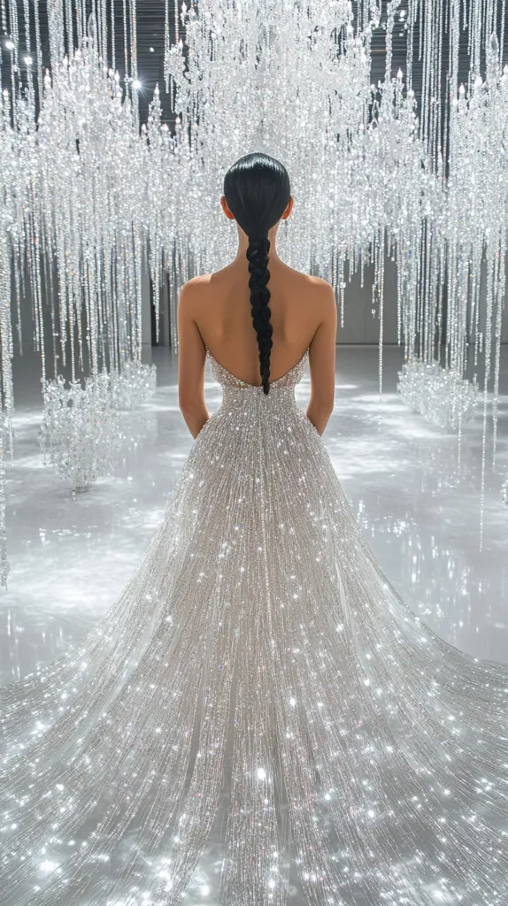 A woman in a sparkling white gown stands in a room adorned with shimmering crystal chandeliers. The dress is adorned with countless sequins, creating a dazzling effect. Her long black hair is braided and falls down her back. The woman's back is to the camera, creating a sense of mystery and elegance. The image evokes a sense of ethereal beauty and luxury.