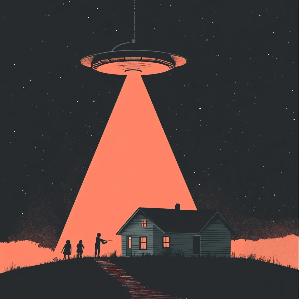 A UFO hovers in the night sky above a small house. The UFO shines a bright orange beam of light onto the house. Three silhouettes of people stand in the foreground, looking up at the UFO. The image has a retro feel, with a dark background and simple illustrations. The scene suggests a sense of wonder and mystery.