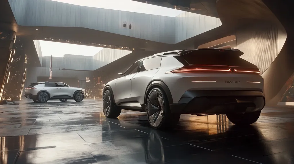 A sleek, white SUV with a futuristic design is parked in a modern, concrete garage. The vehicle's sleek lines and sharp angles create a sense of speed and power. The large, intricate wheels with a black rim enhance the car's sporty appearance. The back of the car features a prominent brand name. The garage's minimalist design with smooth, concrete walls and a curved ceiling complements the car's aesthetic. The lighting casts dramatic shadows that accentuate the car's lines and create a sense of depth. The car is positioned in the center of the image, creating a sense of balance and emphasizing its importance.