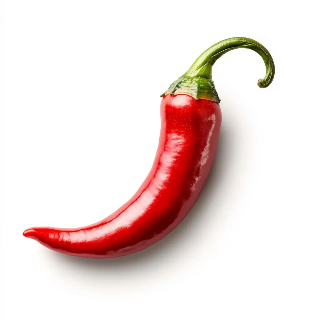 A single red chili pepper with a green stem is isolated on a white background. The chili pepper is curved and pointed with a glossy surface. It casts a subtle shadow below it.  The image is simple and minimalistic, showcasing the vibrant red color of the chili.