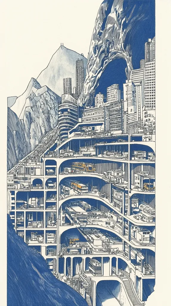 The image depicts a futuristic city built into the side of a mountain. The city is made up of multiple levels, with buildings and infrastructure layered on top of each other. The image is rendered in a blue and white color palette, giving it a clean and futuristic aesthetic. The artist has skillfully captured the density and complexity of a modern city, while also highlighting the potential for vertical urban development.