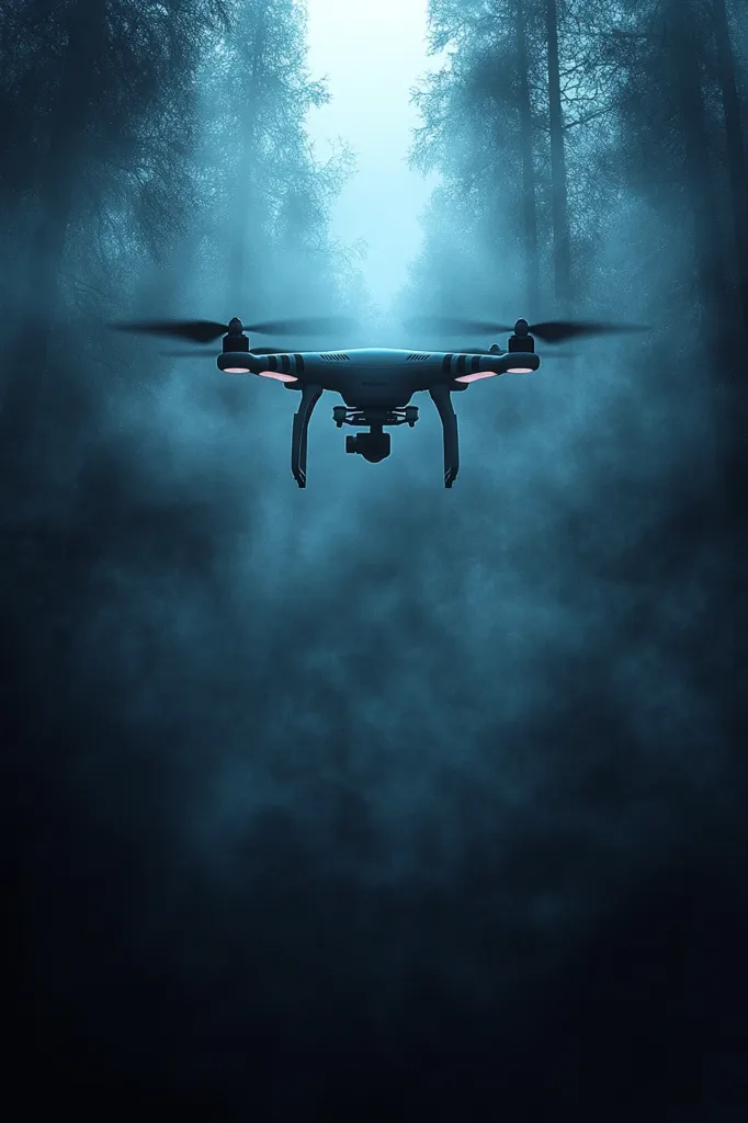 A drone hovers in the air, its silhouette sharply defined against the backdrop of a dense, misty forest. The scene is shrouded in an ethereal blue haze, creating a sense of mystery and intrigue. The drone's presence suggests surveillance or exploration in this hidden world. The overall mood is one of eerie silence and anticipation, hinting at an unknown story unfolding within the shadowy depths.