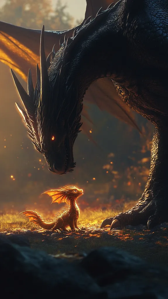 A large, black dragon looms over a smaller, golden dragon. The larger dragon's head is bent down, with its eyes glowing red, as it looks at the smaller dragon. The smaller dragon is looking up at the larger dragon. The background is a blurred, out-of-focus landscape with a warm, golden light.