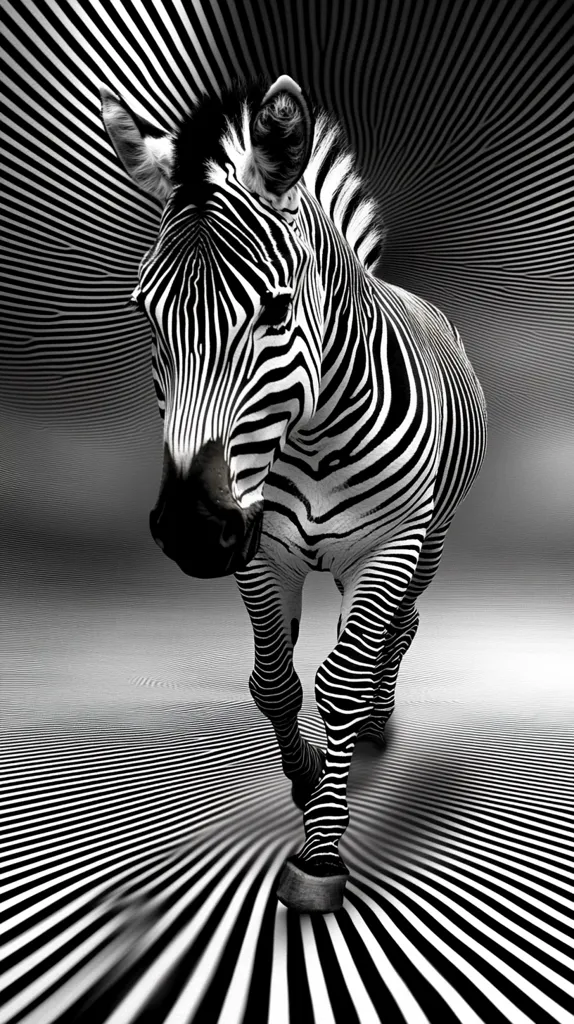 A black and white zebra stands on a background of black and white stripes, creating a mesmerizing optical illusion. The zebra's stripes blend seamlessly with the background, creating a sense of depth and movement. The image is captured in a high-contrast, monochrome style, emphasizing the stark lines and patterns. The zebra's powerful stance and confident gaze add to the image's overall visual impact.