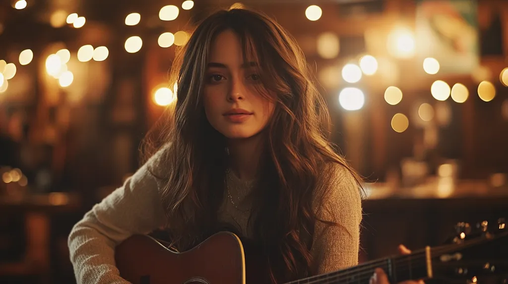 A young woman with long brown hair looks directly at the camera. She is wearing a light brown sweater and holding a guitar in her lap. The background is blurred and filled with warm, golden lights. The image captures a moment of quiet contemplation and musical inspiration.