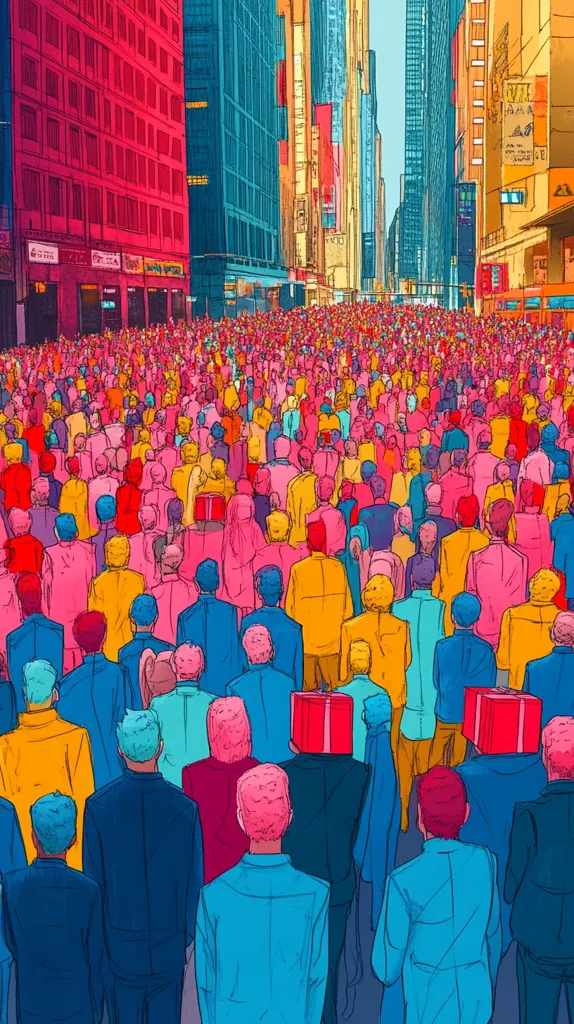 A vibrant illustration depicts a bustling city street scene with a dense crowd of people wearing colorful clothing and hats. Tall buildings line the street, their vibrant colors reflecting the energy of the scene. The image captures the anonymity and vibrancy of urban life, with each individual lost in the collective sea of humanity.