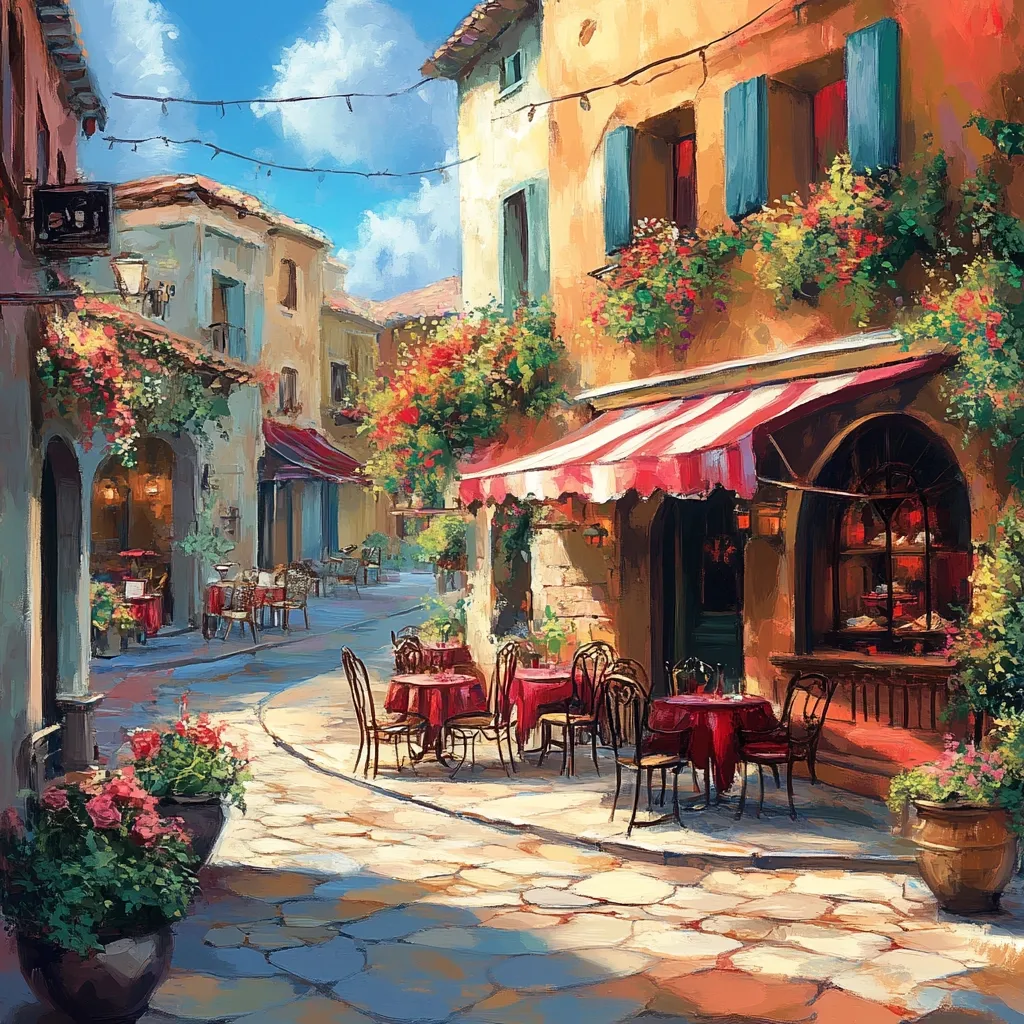 A charming cobblestone street in a European town, lined with colorful buildings and vibrant flowers.  A cafe sits at the corner, its red and white awning casting a welcoming shade over tables and chairs.  The street is bathed in warm sunlight, creating a picturesque and inviting atmosphere.  The scene evokes a sense of tranquility and simple pleasures.