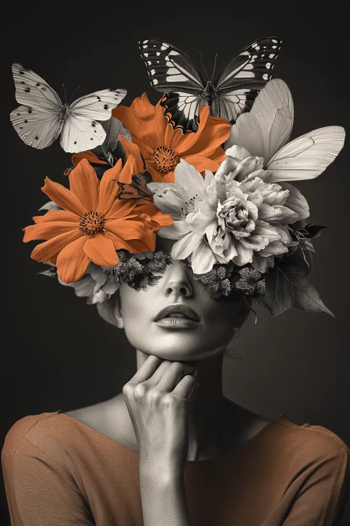 The image shows a woman in a black and white portrait with vibrant orange flowers and butterflies covering her eyes and hair. The woman is wearing an orange shirt and has her hand on her chin. The composition is beautiful, highlighting the contrast of colors. The image feels like a surreal dream and evokes a sense of mystery and beauty.