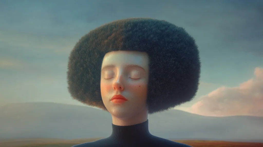 The image depicts a woman with large, bushy afro hair, her eyes closed and her face tilted slightly upwards. She is wearing a black turtleneck sweater. The background is a soft, blurred landscape with a hazy sky. The overall mood of the image is calm and serene.