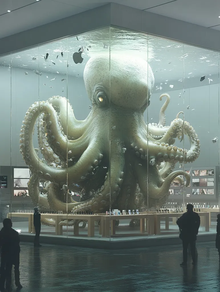A giant, pale octopus is encased in a glass display case, its tentacles sprawled across the floor of a minimalist, white space.  The octopus's eye is visible, gazing out with a sense of curiosity or even menace. People stand around the display, seemingly unfazed by the creature's presence.  The scene is surreal, suggesting a juxtaposition between the natural and the artificial.  The case resembles a modern Apple store, creating a sense of unease and the unknown.