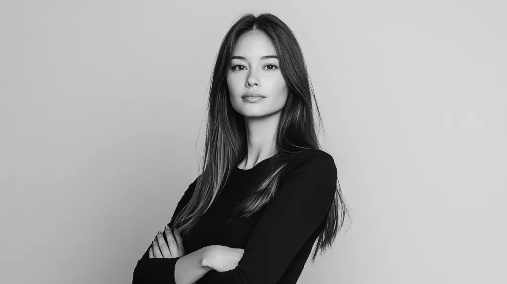 The image is a black and white portrait of a young woman with long straight hair. She is wearing a black long-sleeved shirt and has her arms crossed. She looks directly at the camera with a neutral expression. The background is a plain white wall. The photo is well-lit and in focus, highlighting her features.  Her appearance conveys a sense of confidence and composure.
