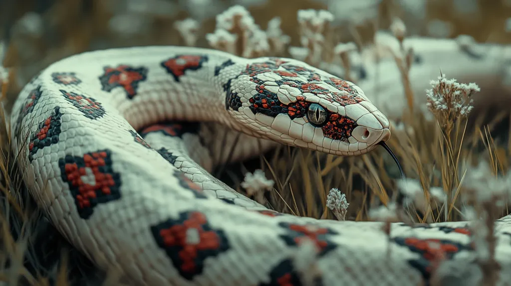 A white and red patterned snake with a black forked tongue lies coiled up in dry grass. Its scales are clearly visible, and its eye is sharp and alert. The snake is surrounded by a blur of dried flowers, giving the image a soft, out-of-focus background. The overall tone of the image is one of stillness and mystery.