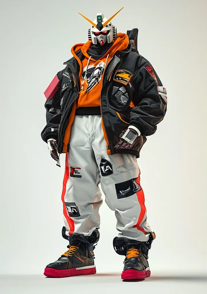 A futuristic-looking figure stands against a light background. They wear a black bomber jacket with orange accents over an orange hoodie, white pants with patches, and black and red high-top sneakers.  Their head is covered in a white helmet with red and yellow accents, resembling a Gundam character. They have gloves on their hands, and their overall style is a mix of streetwear and sci-fi.