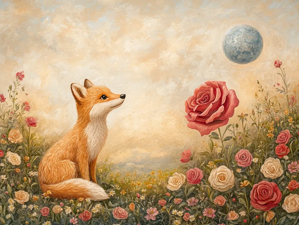The image depicts a fox sitting in a field of blooming flowers, looking up at a large, blue moon. The fox is surrounded by a variety of flowers, including roses, daisies, and other wildflowers. The sky is a soft, pastel color, and the overall atmosphere is one of peace and tranquility. The image suggests a sense of wonder and enchantment, as if the fox is witnessing something magical.