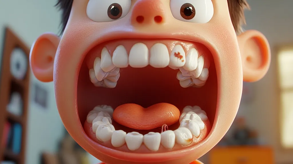 A close-up of an animated character's open mouth, showing teeth and tongue. The character has a small, brown spot on a tooth, a wide smile with teeth, and large eyes. The character's face is pink, and their expression is one of surprise or shock. The background is out of focus, with a bookshelf and a window visible.