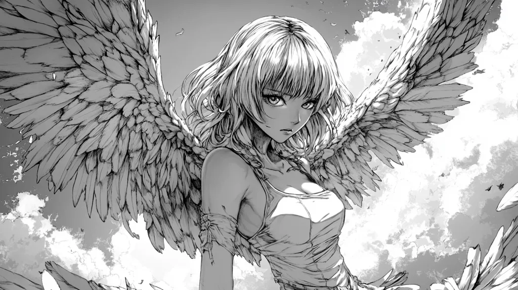 The image depicts a woman with long, flowing hair and large, feathery wings. She is drawn in a black and white style, with detailed shading and hatching. The woman's expression is serious, and she appears to be looking down at something. She is wearing a simple tank top and her wings are spread wide, as if she is about to take flight. The background is a cloudy sky, suggesting a celestial or otherworldly setting.