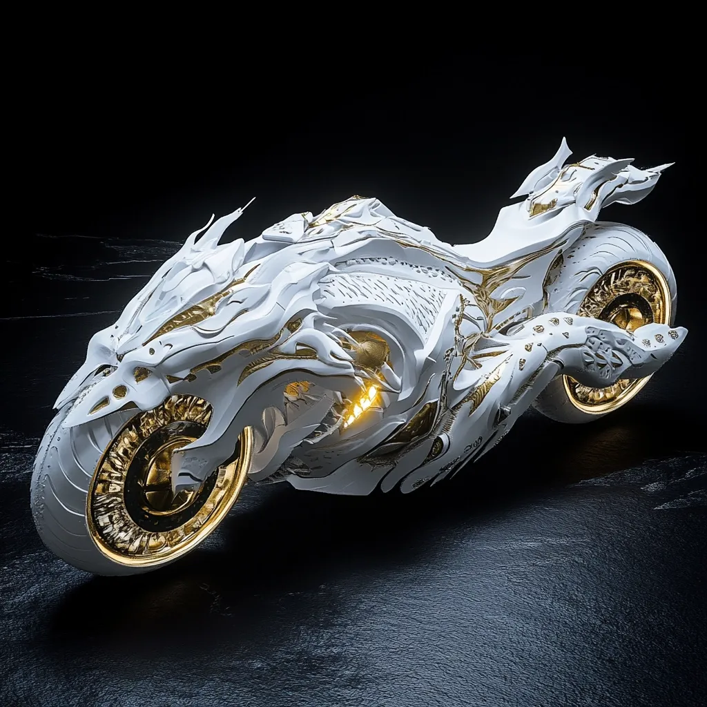 A futuristic motorcycle with a sleek white design and intricate golden details. The motorcycle resembles a dragon with its sharp edges and flowing curves, its body sculpted with scales and wings. Its gold-rimmed wheels and headlights add a touch of luxury and power. The motorcycle is parked on a dark, textured surface, highlighting its white and gold details.