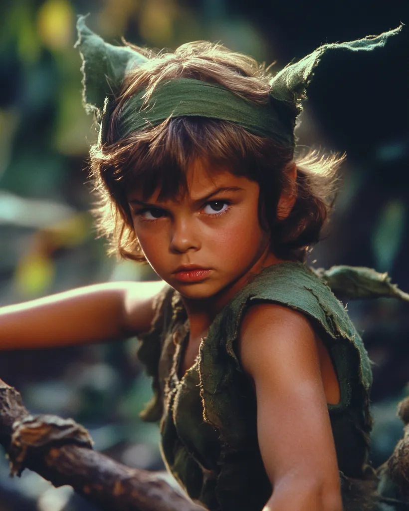 A young boy with a determined expression, dressed in a ragged green outfit with leaf-shaped ears, stares intently at something off-screen. His hair is tousled and he wears a green headband. The boy's face is partially illuminated, creating a dramatic lighting effect. He holds a rough branch in his hand, suggesting a sense of adventure and resilience.  The background is blurred, creating a sense of focus on the boy. The image evokes a feeling of childhood wonder and escapism.