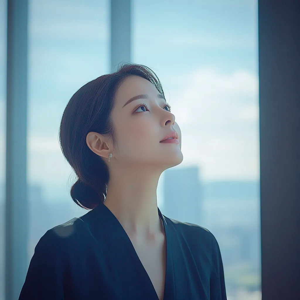 A woman with long dark hair, wearing a black top, stands by a window and looks up with a soft expression on her face. She is gazing at something out of frame, possibly the city skyline beyond the window. The light from the window creates a soft glow around her face, highlighting her features. The overall mood of the image is calm and serene, suggesting a moment of contemplation or reflection.