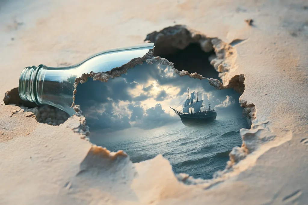 A glass bottle, broken open, reveals a scene of a sailing ship on the open ocean. The ship is sailing towards a cloudy sky, with a hint of sunlight breaking through. The image evokes a sense of mystery and adventure. The edges of the broken bottle create a frame, like a window into another world.