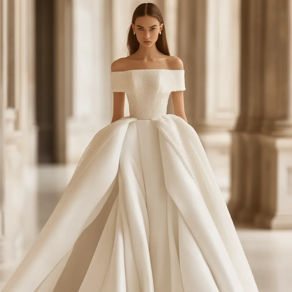 A woman in a white off-the-shoulder wedding gown stands in a grand hallway with pillars. The gown is fitted at the bodice, adorned with delicate beading, and flows into a full, flowing skirt. Her long, dark hair cascades down her back, and she wears subtle makeup, creating a classic and elegant bridal look. The soft lighting and luxurious surroundings enhance the sense of romance and occasion.