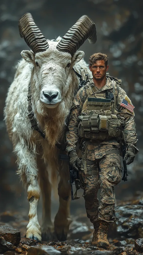 A man in camouflage gear and a tactical vest walks through a forest with a large, white mountain goat. The goat has long, curved horns. The man carries a rifle and the goat is wearing a harness. Both appear to be heading in the same direction. The image is dark and moody, creating a sense of mystery.