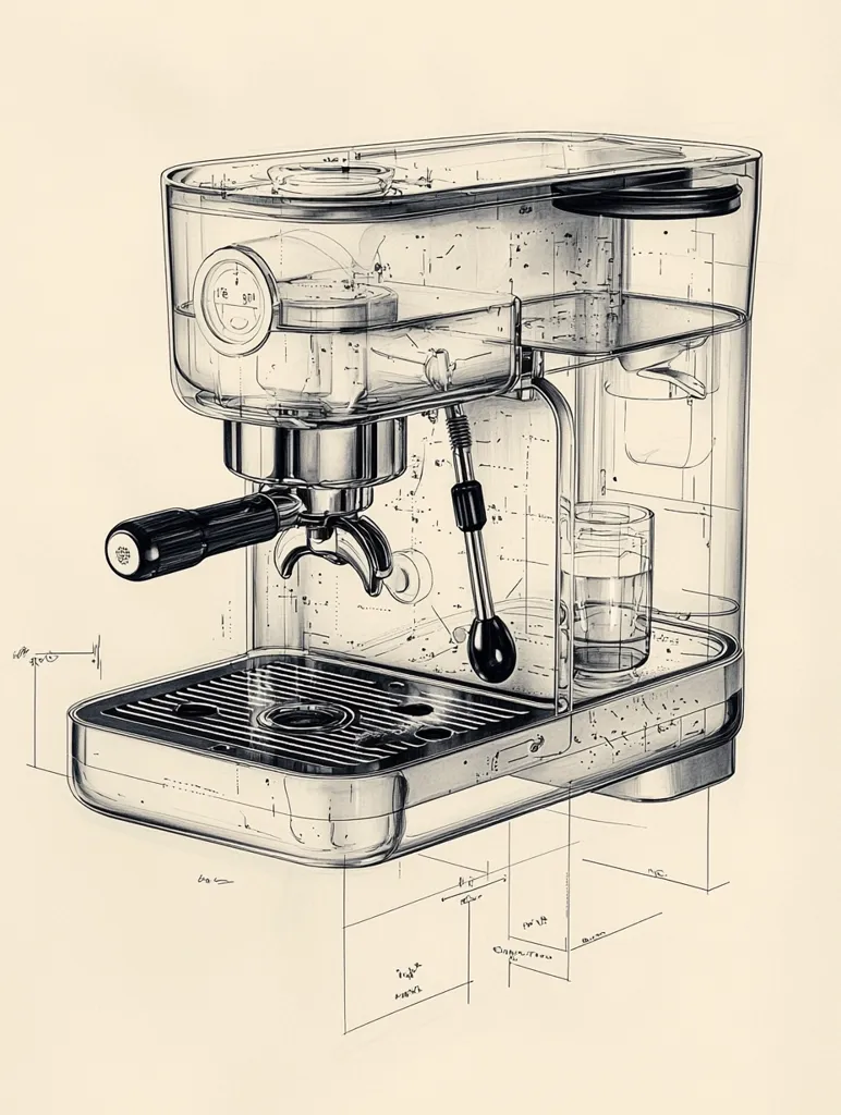 A detailed line drawing of a transparent espresso machine. The drawing is in black and white, and the machine is depicted with a clear water tank, a metal portafilter, and a drip tray. The drawing also includes technical specifications and measurements, suggesting it's a design concept.  The image showcases the intricate workings of the machine, highlighting its design and functionality.