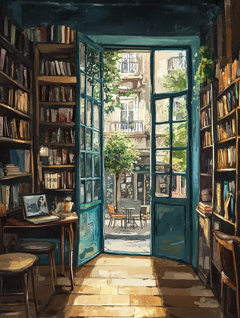 A cozy bookstore with a wooden floor and a large window overlooking a courtyard. The shelves are filled with books, and a desk sits near the window. The sun shines through the window, illuminating the room.  A small table and chairs are visible outside, hinting at a cafe atmosphere. The scene evokes a feeling of peace and tranquility.
