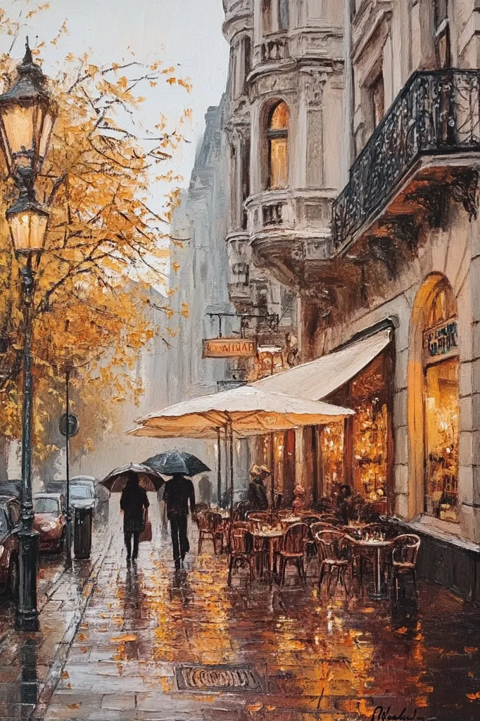 The painting depicts a Parisian street scene on a rainy day.  A quaint cafe with an awning is bustling with patrons,  while two figures walk by under umbrellas, a  street lamp casts a warm glow on the wet cobblestones. The  building on the right is ornately decorated with balconies and windows.  Golden autumn leaves add warmth to the scene, contrasting with the  grey sky. The overall impression is one of cozy ambiance and  romantic charm.