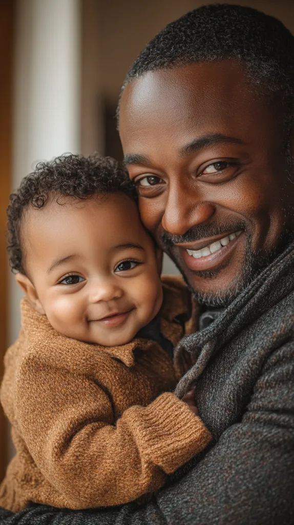 A close-up shot of a father holding his baby son. The father is smiling widely, while the baby looks up at him with a sweet, innocent expression. The father is wearing a dark knitted sweater, while the baby is dressed in a warm brown cardigan. The image captures the loving bond between father and son.