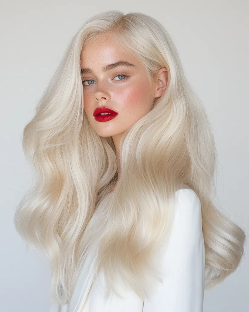 A young woman with long, flowing platinum blonde hair is looking directly at the camera. She is wearing a white blazer and has bright red lipstick on. Her face is delicately made up, and she has a hint of pink blush on her cheeks. The image is shot against a white background, making her hair and bright makeup stand out.