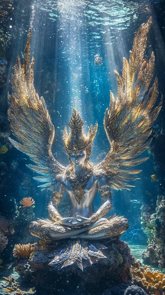 A golden statue of a deity with large, feathered wings sits in a meditative pose on a rock surrounded by coral reefs. The statue is bathed in ethereal light from above, creating a mystical and serene atmosphere. The underwater setting adds to the sense of tranquility and mystery. The statue's intricate details and the vibrant colors of the surrounding coral create a visually stunning composition.