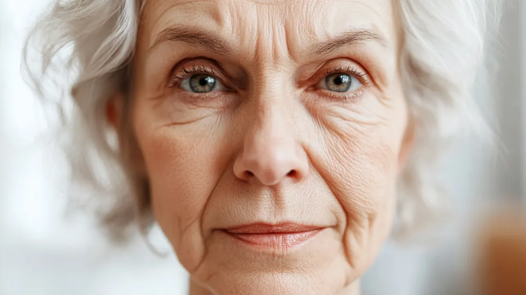 The image is a close-up of an older woman's face. Her skin is wrinkled and shows signs of aging, but her eyes are bright and clear. Her gray hair frames her face, and she appears to be looking directly at the camera with a slight smile.  The image evokes a sense of wisdom, experience, and perhaps a touch of melancholy.