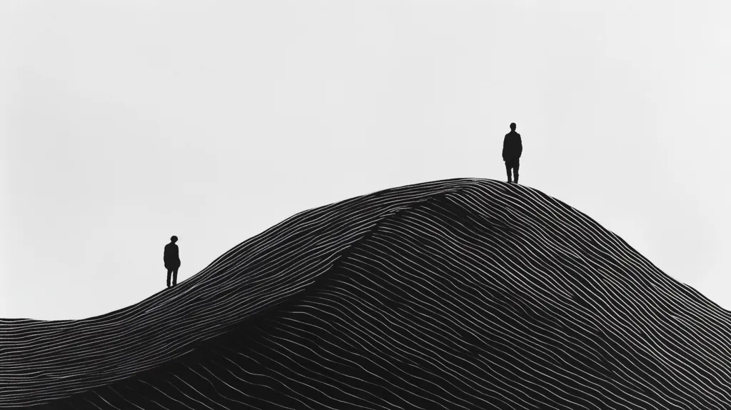 The image is a black and white photograph of two figures standing on a large, curved, striped hill. The hill appears to be made of sand, and the figures are silhouetted against the white sky. The image is simple and minimalist, and it evokes a sense of solitude and isolation.