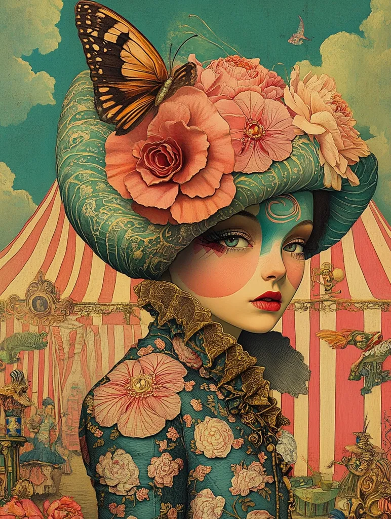 Close up of a young victorian women standing outside a pastel striped circus tent , dressed in geometric flower high fashion, hat , dark rich colourful tones, pop-surrealism, dark minimalist background in the style of Inge Schuster , by salvador dali, highly detailed, intricate, cinematic, dreamy, surrealism --chaos 10 --ar 3:4 --style raw --v 6.1 --stylize 500 --personalize efzwrbr