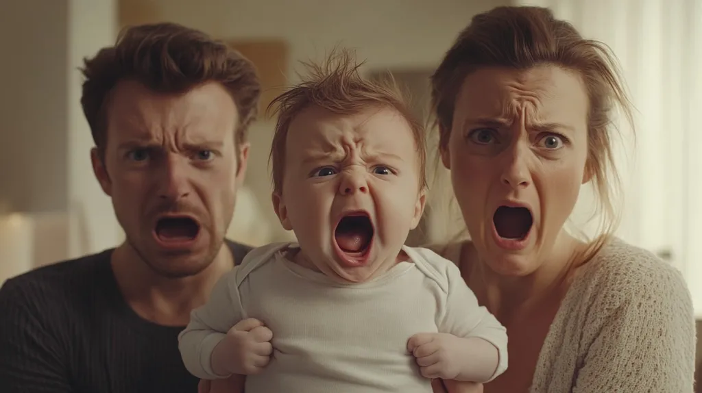 A young baby is being held by his parents. The baby is crying and screaming with his mouth wide open. Both of the parents are looking directly at the camera with their mouths open in a similar, slightly exaggerated scream. The scene appears to be chaotic and loud.  The image creates a sense of parental exhaustion and the overwhelming nature of having a young child.
