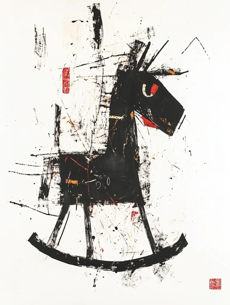 A black rocking horse with a red eye is depicted on a white background. The horse is rendered in a loose and expressive style with black and red paint, with splatters of black and red paint adding texture to the background. The horse's rocking base is also black and extends outward from the lower body, creating a sense of movement.