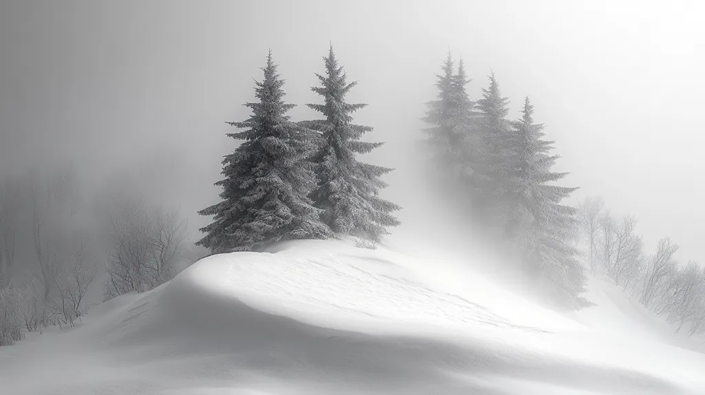 A snowy landscape with three tall pine trees covered in frost. The trees are silhouetted against a thick fog, creating a hazy and ethereal atmosphere. The snow-covered ground is smooth and pristine, with no visible footprints or other signs of activity. The scene evokes a sense of tranquility and solitude.