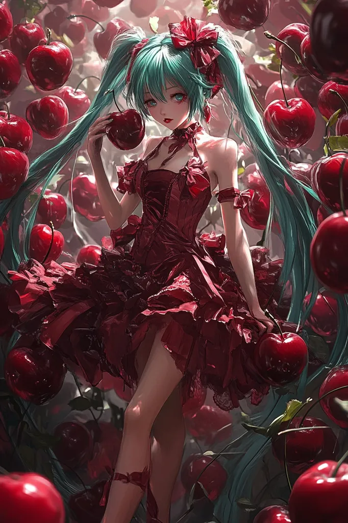 A young woman with long turquoise hair is standing amidst a field of ripe red cherries. She is wearing a cherry red dress with a lace trim and holding a single cherry in her hand. The background is a blur of vibrant red cherries, creating a striking contrast to the woman's pale skin and bright green hair.  The overall image evokes a sense of sweetness and innocence, with a hint of mystery.