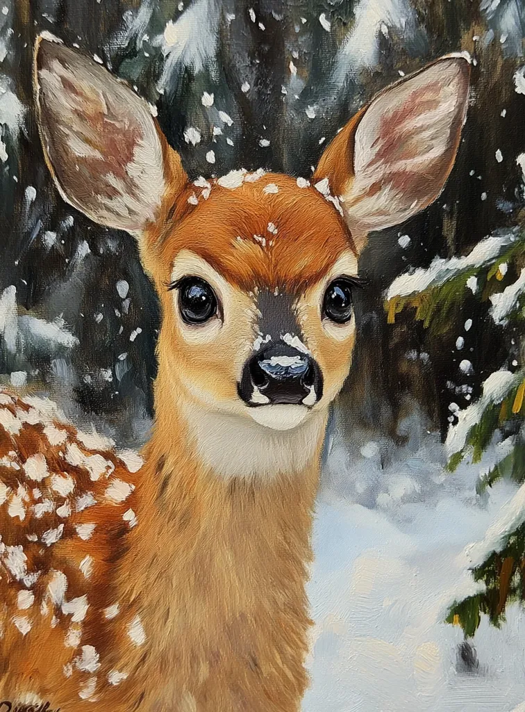 A close-up painting of a young deer with large, expressive eyes and brown and white spotted fur. The deer stands in a snowy forest with falling snow, its head slightly tilted to the side, giving the impression of innocence and curiosity. The background is a soft blur of greens and browns, suggesting a wintry forest environment.