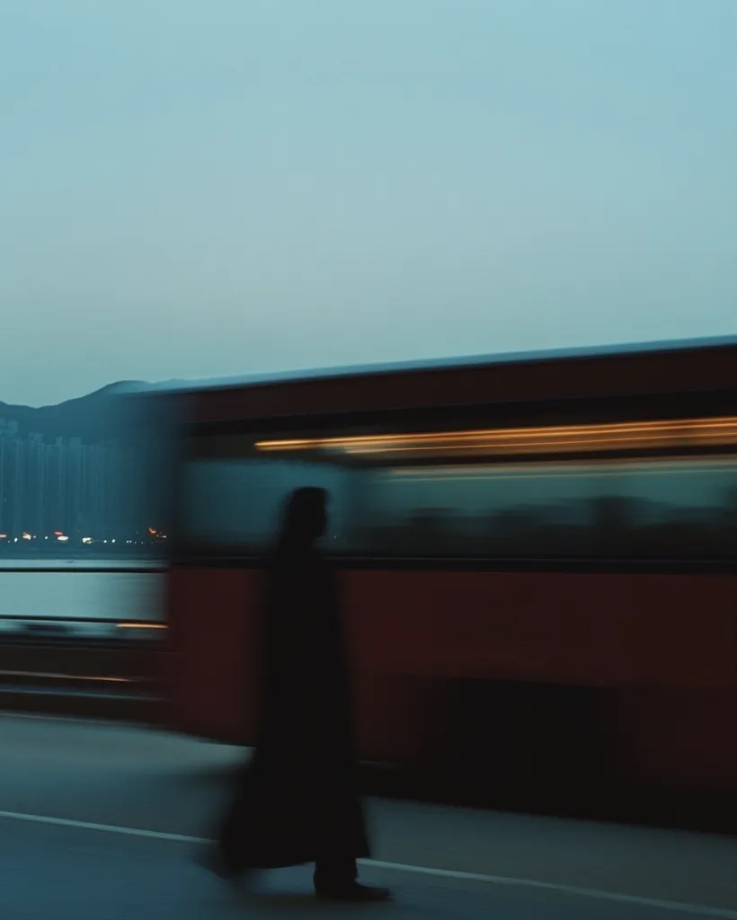 A blurry silhouette of a person walks in front of a red bus, which is also blurred.  The sky is a pale blue, and the background is out of focus.  The image has a cool, moody tone and a sense of movement.  The lighting is dim, creating a mysterious atmosphere.