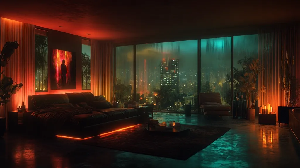 The image shows a modern bedroom with large windows overlooking a rainy cityscape. The room is lit by warm, orange light and features a large bed, a couch, and a few plants. The windows are reflecting the city lights and the rain, creating a moody and atmospheric setting. The room is decorated with a minimalist style, creating a sense of calm and relaxation.