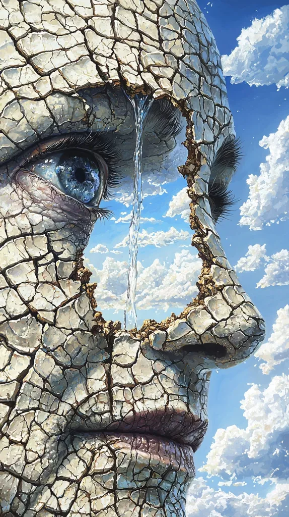 The image depicts a close-up of a cracked, stone-like face against a blue sky with white clouds. A single eye is visible, with a stream of water flowing from it. The cracked texture of the face suggests dryness and hardship. The flowing water symbolizes tears and the release of emotions. The image is likely meant to evoke a sense of sadness, vulnerability, and hope for renewal.